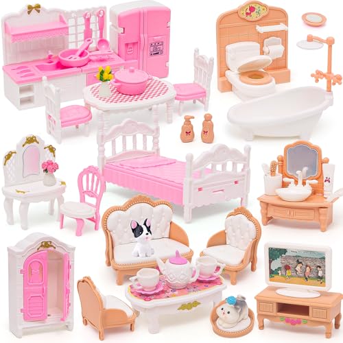 HAPGFS Doll House Mini Furniture 45 Pcs Dollhouse Furniture Set Accessories Pretend Play Bedroom Living Room Bathroom Kitchen for Kids Birthday and...