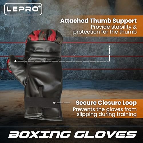 Image of LEPRO Kids Boxing Kit, Kids Punching Bag Set, Hanging Boxing Bag with Boxing Gloves & Headgear, Kids Boxing Set for 2-8 Years for Karate Muay Thai Kick Taekwondo Training (Camo Red)
