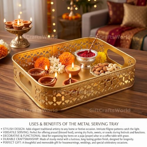Image of Multipurpose Metal Basket For Gift Hamper, Pooja Temple Storage With Sturdy Handle, Decorative Flower Organizer & Versatile Puja Utility Accessories Home Decoration (Square Tray)