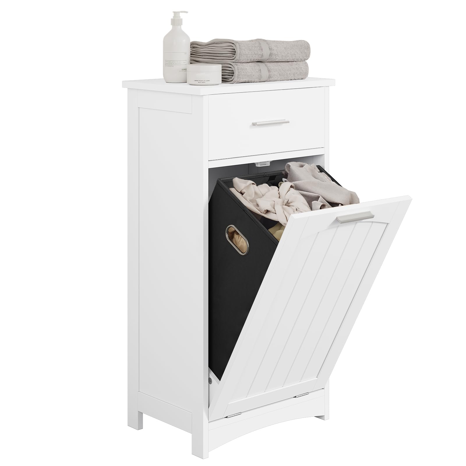 EUGAD Mobile da Bagno con Portabiancheria, Cesto Portabiancheria, Mobiletto da Bagno con Cassetto, Portabiancheria a 2 Scomparti, in MDF e Tessuto, Bianco, 42x30x82cm