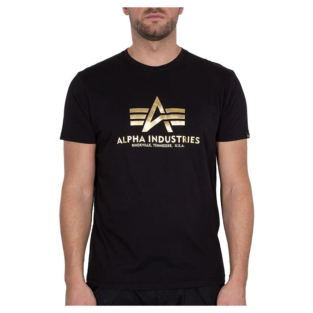 Alpha Industries Men's Black/Yellow Gold Basic Foil Print T-Shirt, M