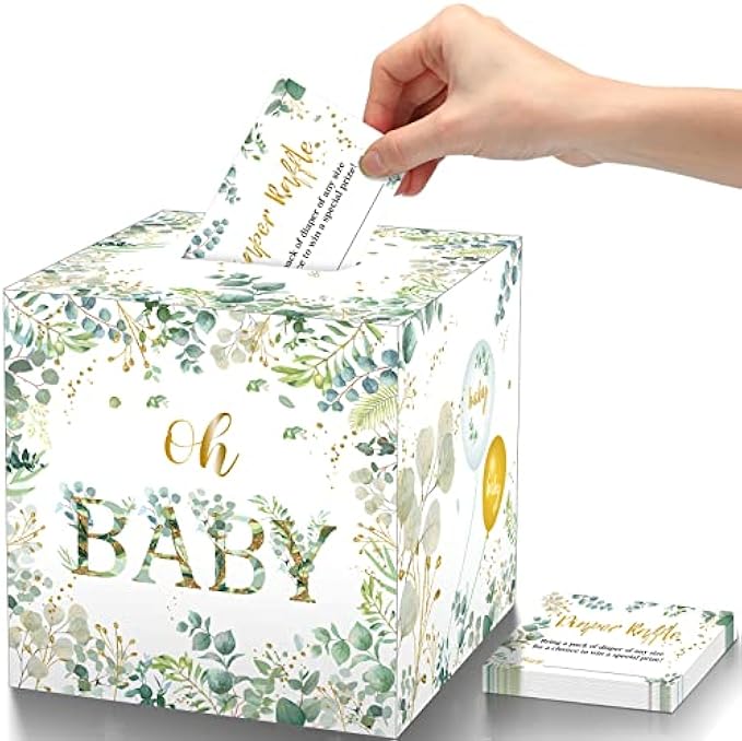 50 Pieces Greenery Diaper Raffle Tickets with Baby Shower Holder Box Baby Party Decorations Baby Shower Favors Diaper Raffle Sign Box Diaper Raffle Insert Ticket Diaper Raffle Baby Shower Game Kit