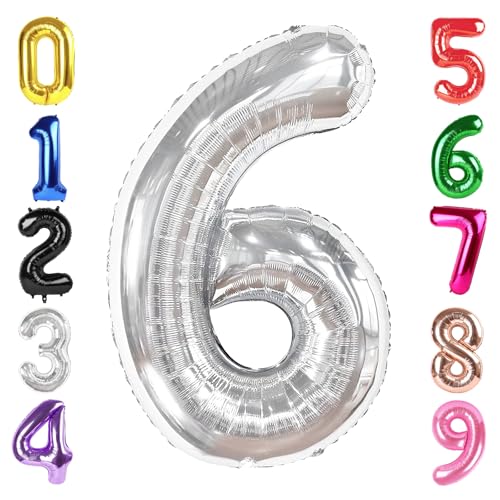 Image of 40 Inch Silver Number 6 Balloon Birthday Party Decorations for Men & Women | 40 Inch Silver inflatable foil number balloons, large birthday decorations for 6th birthday