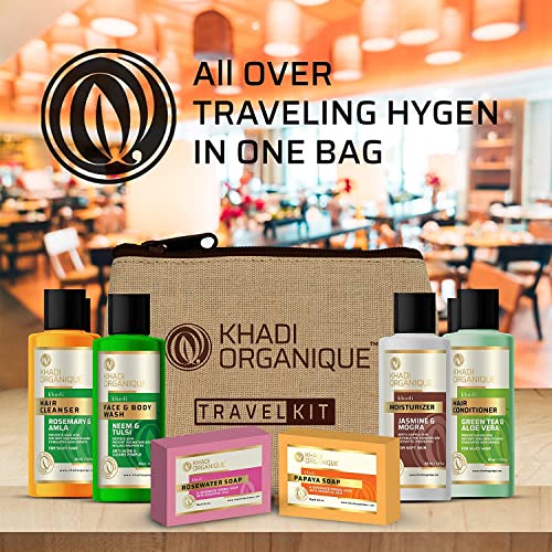 Image of khadi Organique Grooming Travel Kit Men & Women (2 Soap X 75gm each, 1 Shampoo 30ml,1 Conditioner 30ml, 1 Moisturiser 30ml, 1 Face Wash 30ml) 6 pcs in Set (Travel Kit Pack of 4))
