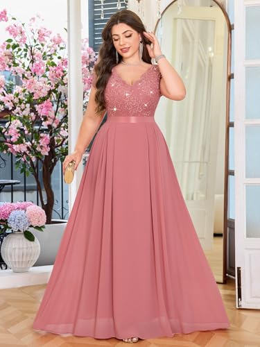 Image of Miusol Women's Plus Size Sequin Floral Lace V Neck Formal Gowns Evening Party Chiffon Maxi Dress