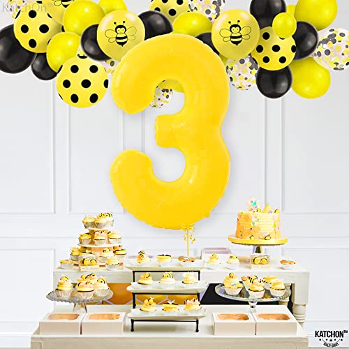 Image of KatchOn, Big, Yellow 3 Balloon Number - 40 Inch | Yellow Three balloon for 3 Year Old Balloons | 3rd Birthday Decorations for Boys | 3 birthday Balloon, Honey Bee Party Decorations
