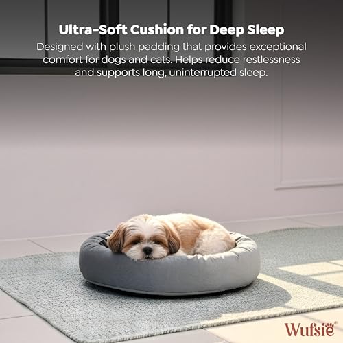 Image of Velvet Dog Bed in Round Shape | Small 60 Cm | Premium Velvet Pet Bed for Cats and Puppies | Soft & Cozy Sleeping Bed for Dog with Removable Insert | Black & Grey