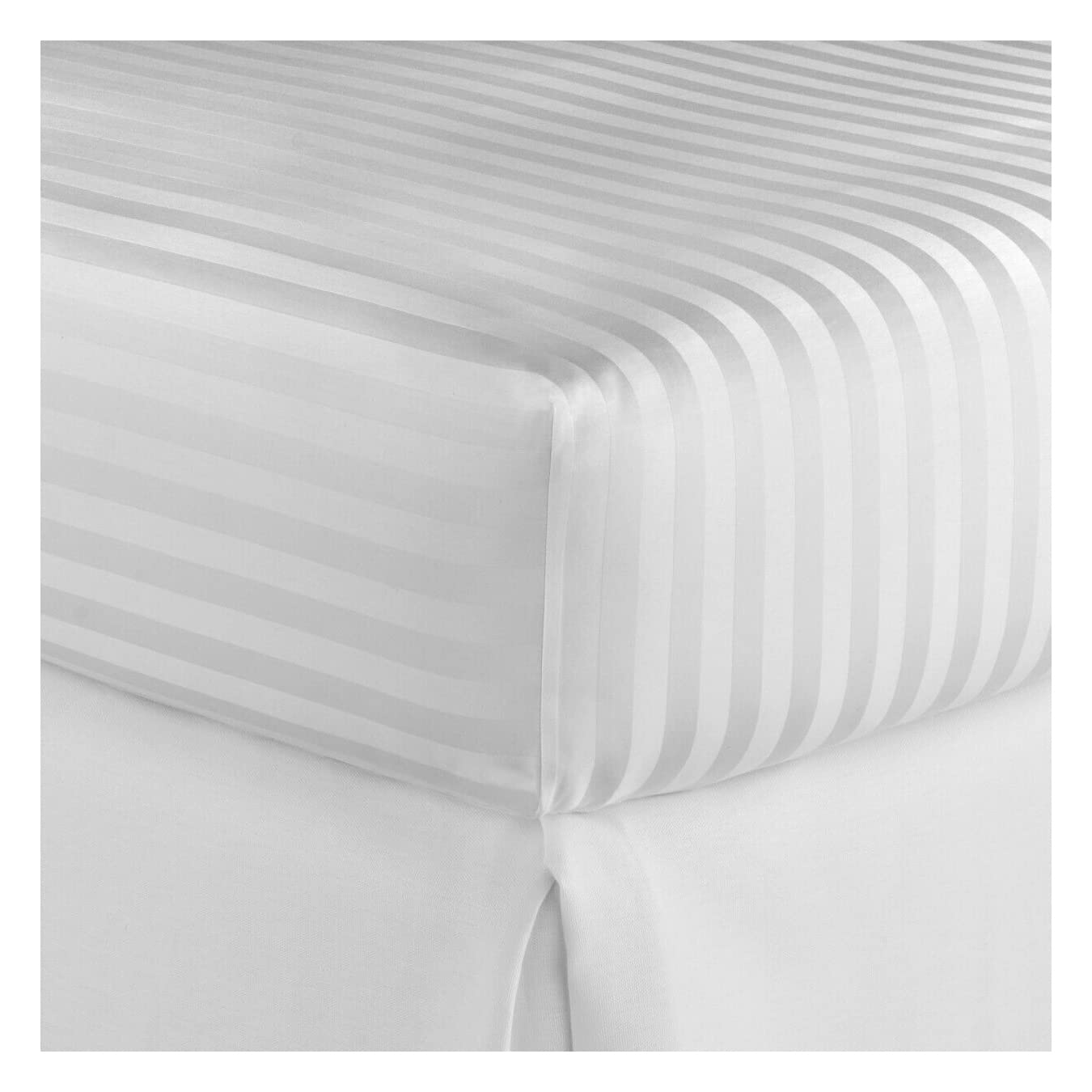 Striped Fitted Sheet 30cm Deep, Mattress Cover, Premium Quality Bedding Linen, Polycotton Fabric, Hypoallergenic, Easy Care, Machine Washable, UK Standard Sizes (White, King)