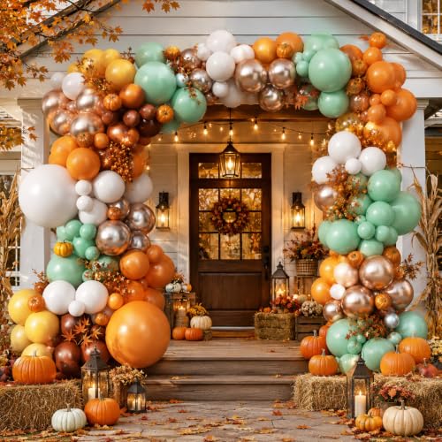 Image of Fall Balloon Garland Arch Kit Burnt Orange Little Pumpkin Party Decorations | 124pcs Terracotta Coffee Sand White & Sage Green Metallic Gold Thanksgiving Balloon Autumn Harvest Birthday Baby Shower Decor