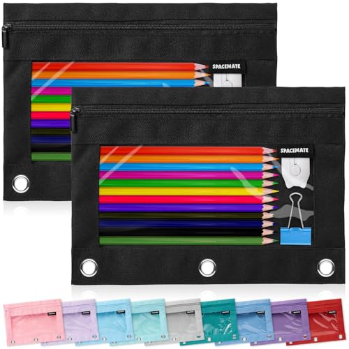 Image of SPACEMATE 2 Pack Pencil Pouch for 3 Ring Binder, Clear 3-Hole Zipper Case