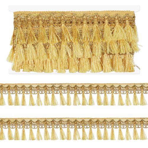6 Yards Gold Fringe Trim 2.17 Wide Polyester Gold Tassel for Sewing Curtain Embellishments Lamp Shade Fabric Lace for DIY Crafts Home Decor Supplies