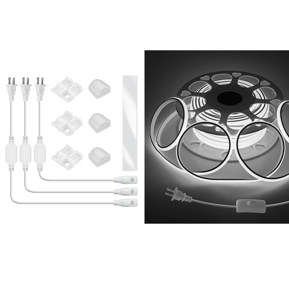 Samsion65.6FT COB LED Strip Light Waterproof One Roll 6000K Daylight White+ LED Strip Connectors Kit for Single Color AC 110V-130V 6.5 * 11mm COB LED Rope Lights Includes 3 Power Cords and Solderless