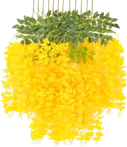 Image of SATYAM KRAFT 6 Pcs (43.2 inch) Artificial Wisteria Vine Garland | Long Silk Hanging Flowers String for Wedding Decoration Items, Mandap, Birthday Party, Festival Event & Home Decor (Yellow)