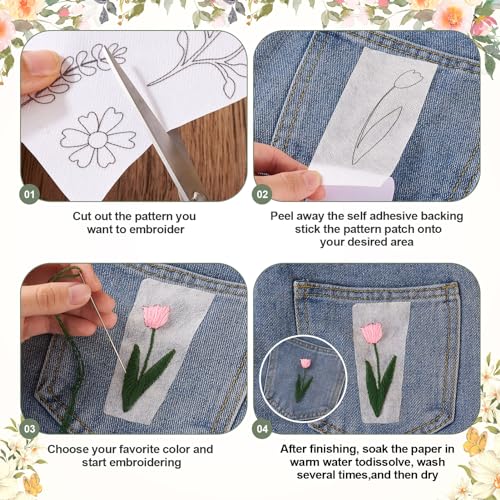 Image of Spritewelry 60 Pcs Water Soluble Embroidery Stabilizers, Stick and Stitch Embroidery Paper with Pre-Printed Flower Butterfly Patterns Wash Away Adhesive Stabilizers for Hand Sewing Lover Beginners