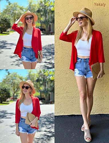 Image of Yekaty Women Cardigan 3 /4 Sleeves Open Front Lightweight Cardigan Draped Ruffles Knit Cardigan