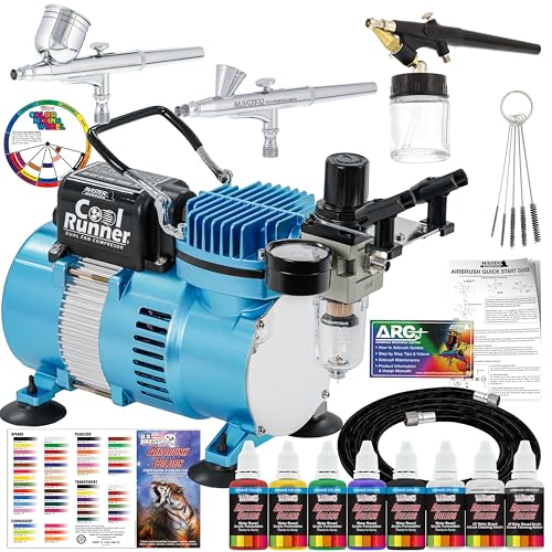 Master Airbrush Cool Runner II Air Brush Kit with Air Compressor Dual Fan, 3 Airbrushes, 6 Color Acrylic Paint Set, Hose, Brushes & Learning Guide Manual for Crafts, Auto, Tattoo & Model Painting