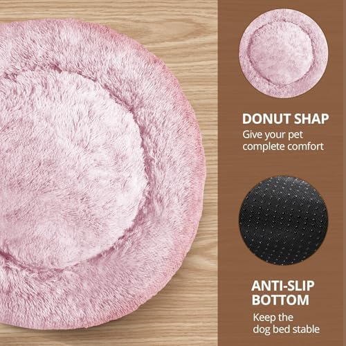Image of JOLLYVOGUE Calming Dog Bed for Small Dogs - 23 inches Donut Washable Small Dog Bed for Kittens & Puppies, Anti-Slip Round Fluffy Plush Faux Fur Cat Beds (Fits up to 25 lbs Pets, Smoke Pink)