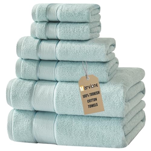 Marvione Bath Towels Set 6 Piece 100% Turkish Cotton Highly Absorbent and Soft Towels for Bathroom 2 Bath Towels 2 Hand Towels 2 Washcloths Light Aqua Blue