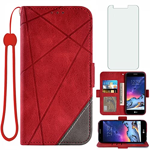 Asuwish Compatible with LG Aristo 1/Phoenix 3/K8 2017/Risio 2/Rebel 2 LTE Wallet Case and Tempered Glass Screen Protector Leather Flip Card Holder Stand Cell Phone Cover for K4/Fortune/LV3 MS210 Red