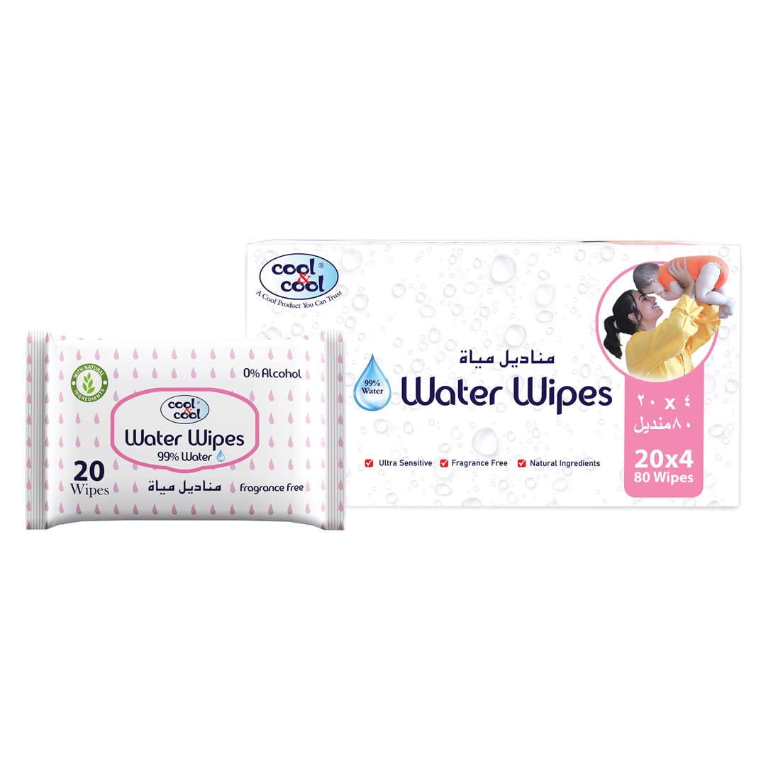 Cool & CoolAqua Wipes 20's (Pack of 4) - 99% AQUA, 0% Alcohol, Ultra Sensitive, Fragrance-Free, Natural Ingredients 80 Wipes