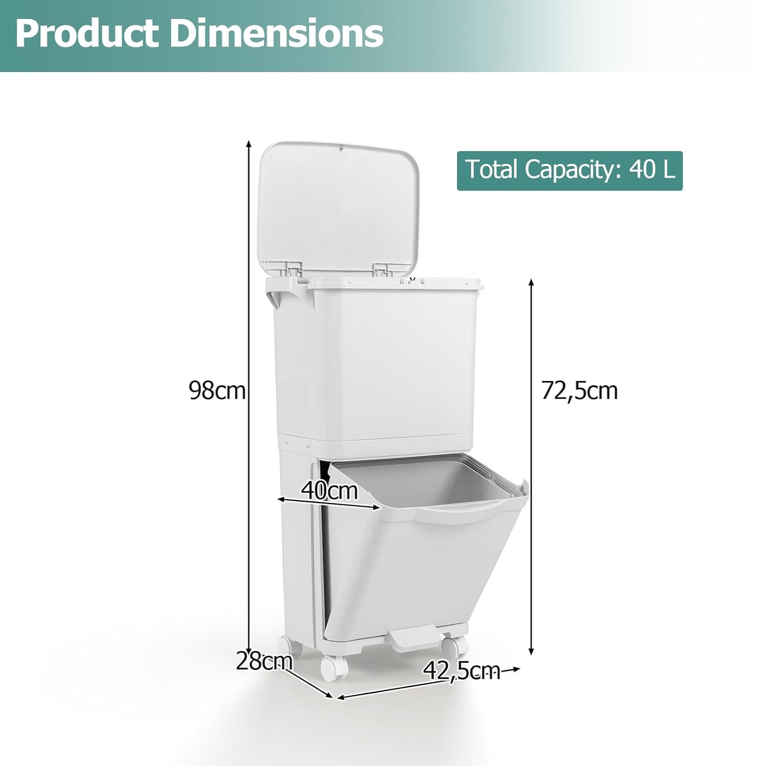 LIFEZEAL Poubelle de Cuisine 40L, Poubelle de Tri Sélectif à 2 Niveaux, Poubelle avec Pédale et Bac Inférieur Inclinable, en Plastique pour Cuisine, Salle à Manger, Salon
