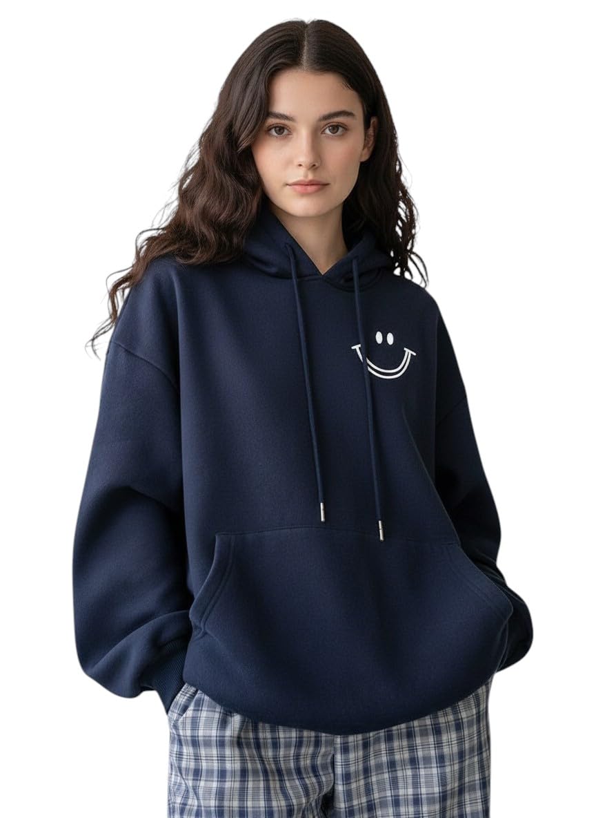 Small Smile Printed Women's Hoodie, Full Sleeve, Soft Cotton Blend, Navy, Casual Winter Wear-image-28