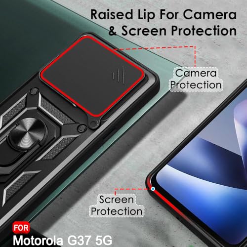 Image of TheGiftKart Tough Armor Bumper Back Cover Case for Motorola Moto G37 5G | Kickstand & Ring Holder | 360 Degree Protection Back Cover Case for Motorola G37 5G (PC & TPU, Sliding Camera Cover, Black)