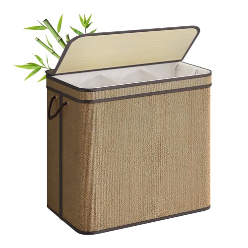 SONGMICS 3-Section Laundry Hamper With Lid, 44.9 Gal (170 L) Large Laundry Basket With 3 Removable Machine Washable Fabric Bag, Bamboo Clothes Hamper, Handles, for Bathroom, Brown ULCB069K01