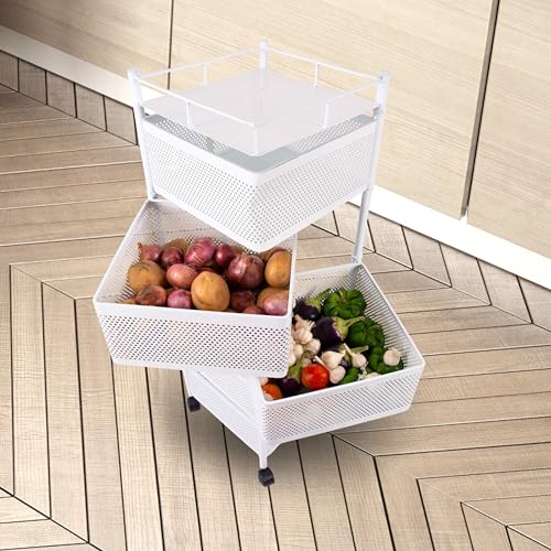 Image of KITCHIVO Kitchen Storage Rack | Revolving Vegetable Rack | Square Multipurpose Storage Trolley with Wheels | Metal Fruit Rack (White, 4 Layer)