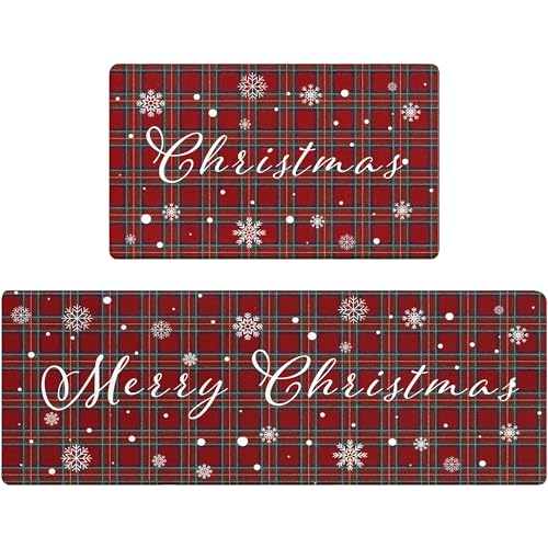 AMM Christmas Kitchen Rugs Set of 2, Buffalo Plaid Xmas Kitchen Mats for Floor Anti Fatigue, Winter Snowflake Merry Christmas Kitchen Decor, Non Slip Cushioned Memory Foam Kitchen Floor Mat