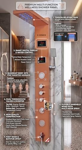Image of X-xonier 304 Grade Stainless Steel Shower Panel 6 in 1 Shower System Handshower with Waterfall Outlet Tub Spout Body Massage Spray With Hot &cold Mixer