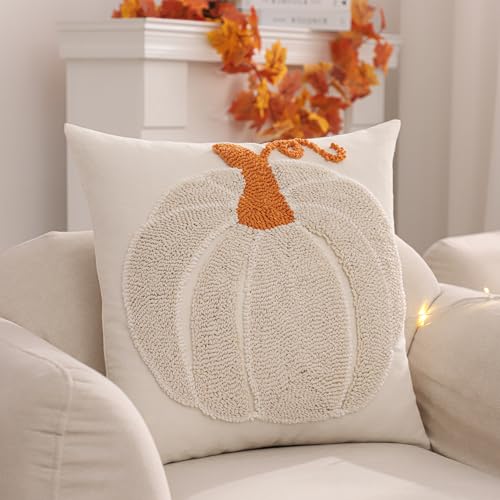 Tosleo Halloween Throw Pillow Covers 18x18 inch Set of 2 Halloween Beige Pumpkin with Orange Root Embroidered Pillow Cases Thanksgiving Home Party Pumpkin Fall Decor Pillowcases Square Cushion Covers