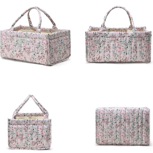 Image of Floral Baby Diaper Caddy Organizer - Stylish Water-resistent Nursery Storage Basket for Diapers and Baby Wipes, Diaper Stacker Car Organizer, newborn nursery Gift (Pink)