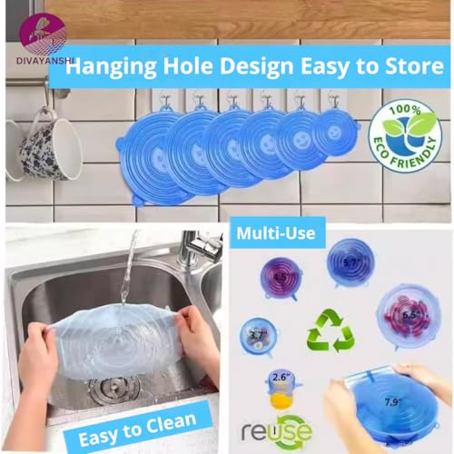 Divayanshi Silicone Stretch Lids for Food Storage | Reusable & Airtight Curved Dish   Covers | for outdoor picnic | BPA-Free, Leak-Proof, Microwave & Freezer Safe – Pack of 6 Flexible Silicone Lids - Image 3 thumbnail