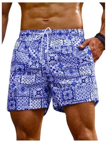 Check out this these white blue swim trunks from Amazon! Check out this Floerns Men's Swim Trunk Floral Print Hawaiian Bathing Suit Beach Shorts with Pocket Blue and White Large from Amazon!