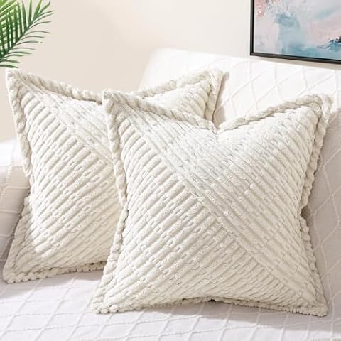 decorUhome Decorative Cream White Throw Pillow Covers 18x18 Set of 2 with Splicing, Boho Soft Corduroy Broadside Twill Spring Pillow Covers for Couch Bed Sofa Living Room Cover