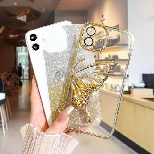 Image of SHINESTAR 3D Butterfly Case for iPhone 12 Cover, Cute Girly Glitter Bling Luxury Back Cover for Women Girls Protective Shockproof Slim Camera Protection for iPhone 12 - Gold