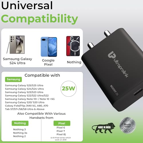 Image of UltraProlink 25W Fast Charger Adapter|Compatible with Samsung Galaxy S /A /M /F /Z Series S25 /S24 /S23 /S22 /S21 /21FE /S20 /M14 5G /M34 /M54 /M53 5g /M33 /M13 /A34 /A54 5G,F15|BIS Certified|Type C PPS PD 3.0|UM1347C