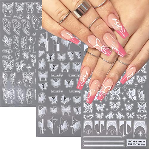 3 Sheets White Butterfly Nail Stickers 3D Self-Adhesive Spring Nail Decals Transparent French Ballet Design Nail Art Stickers Summer Diy Nail Supplies For Women #TOP30