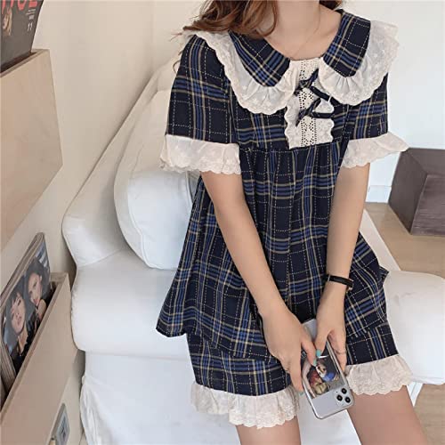 Ropa De Casa De Verano Juego De 2 Piezas - Mujer Pijama De Manga Corta Conjunto Pajarita Encaje A...