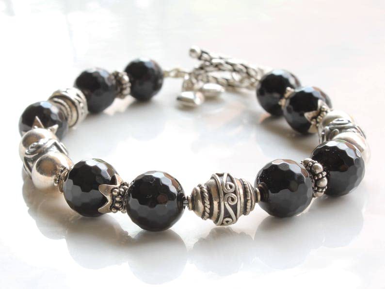 Unisex black onyx 10mm round faceted beads 7 inch stacking bracelet with 925 sterling silver - silver plated clasp2