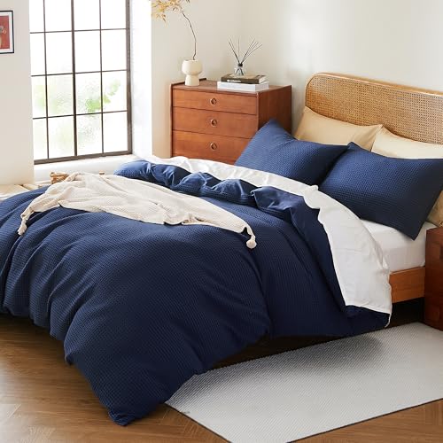 Zaizaihome 100% Egyptian Cotton Duvet Cover Set Queen Size, Waffle Weave Duvet Cover, 600 TC Soft Breathable Bedding Set for All Season, 3 PCS, 1 Duvet Cover and 2 Pillowcases, Navy Blue, 90"x90" by Zaizaihome - Image 7