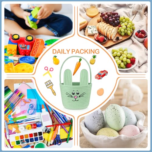 Image of Teenyyou Woven Easter Baskets Woven Bunny Baskets with Handles Eggs Hunt Bucket Rabbit Cotton Rope Basket Baby's First Easter Basket Gift for Toddler Boys Girls(Macaron Green)