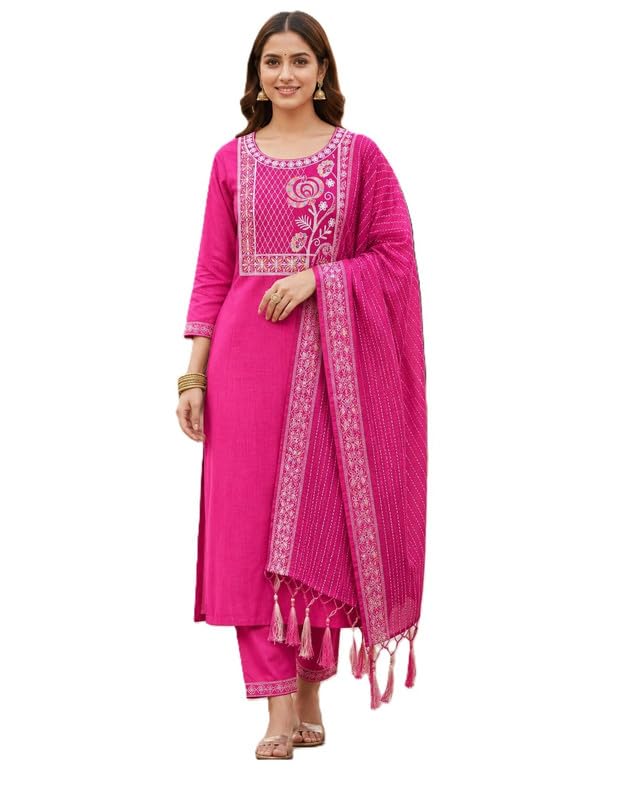 Women's South Cotton Embroidery Work Kurta with Pant & Dupatta Set-picture-37