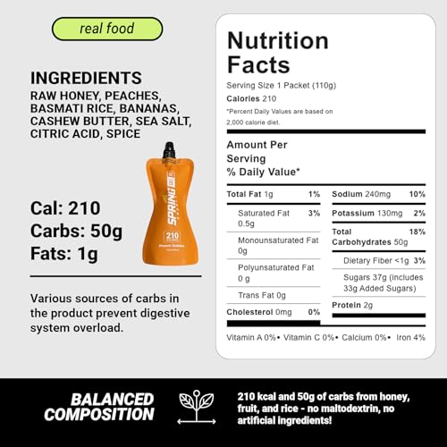 Image of Spring Energy Honey Banana Peach Energy Gel - Real Food Running Gel, 210 Calories, Peach Cobbler Flavor - 50g of Carbs, No Rice Syrup or Maltodextrin (6 Pack)