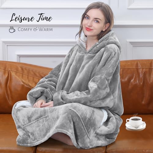 Kipswiza Oversized Wearable Blanket Hoodie, Cozy Fluffy Sherpa Fleece Hooded Blankets Sweatshirt Gifts for Women Men Family Members Friends, Light Grey