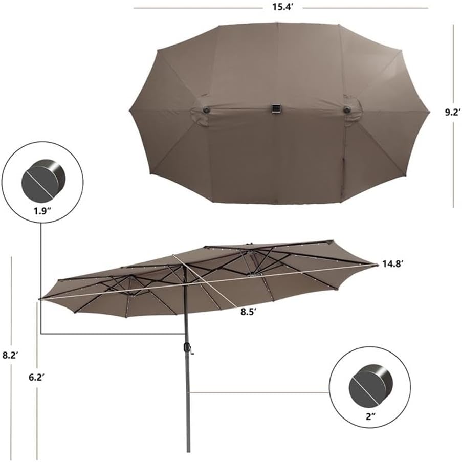 Pemberly Row 15FT Twin Patio Double-Sided Umbrella 48 Solar LED Lights Coffee
