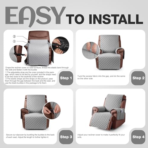 Image of KinCam 100% Waterproof Recliner Chair Cover, Reclining Couch Covers for Pets, Dogs, Recliner Couch Slipcover Furniture Protector with Elastic Straps for Kids(28 inch, Light Gray)
