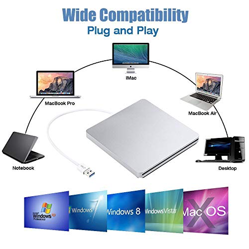 Blu ray Drive External DVD Drive,VikTck USB3.0 Hard DVD/CD Burner/Writer,3D 4K 6X Blu-Ray Disc Playback, Slim & Super-Fast for Windows, Mac OS Laptop, PC, Computer (Silver)