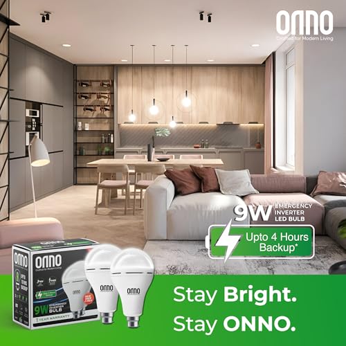 Image of ONNO 9W /12W Rechargeable Emergency Inverter LED Bulb | (Pack of 2, White) I Cool Day Light | Upto 4 Hours Battery | 3 Dimmable Modes | B22D | 1 Year - Warranty (9.0, Watts)